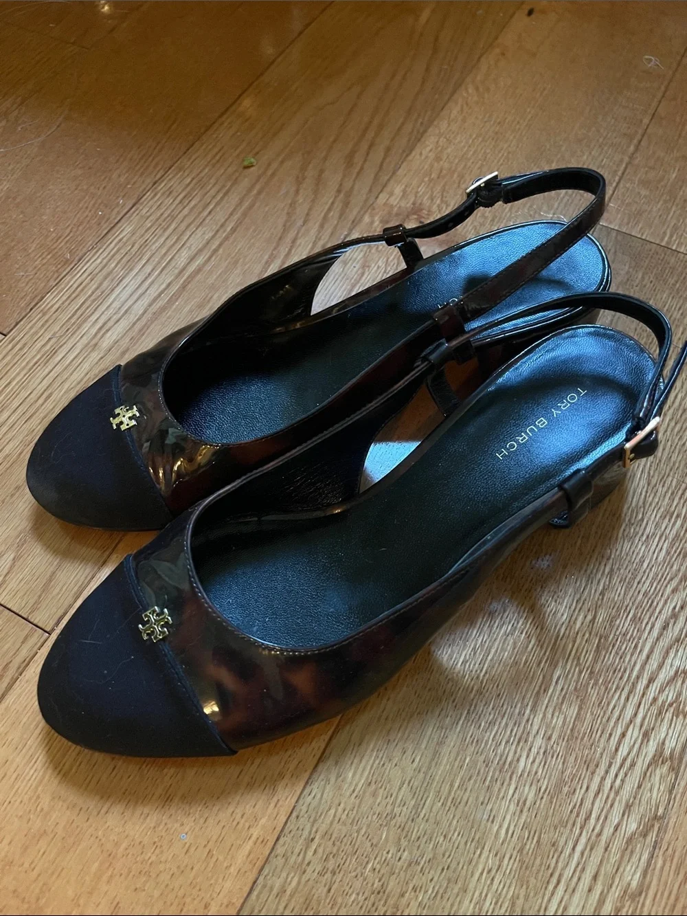 Tory Burch Black and Tortoiseshell Slingback Flats